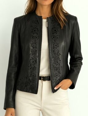 PRESTON & YORK Lambskin Leather Zip Jacket Minimslist Floral Cutout Black Size S